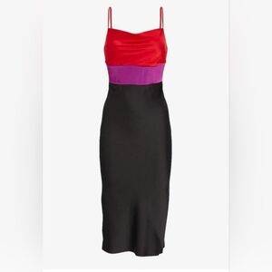 Express Black Satin Color Blocked w Red & Purple Cowl Neck Midi Slip Dress